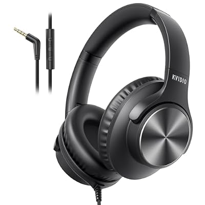 KVIDIO Wired Headphones with Mic, Volume & Playback Control, Over-Ear Foldable Headphones, 3.5mm Plug, 90° Swivel Ear Cups, 4.9ft Tangle-Free Cord for Tablet, Laptop, PC, School, Travel (Black)