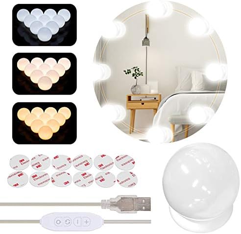 Vanity Mirror Lights with 10 Dimmable LED Bulbs, Hollywood Style USB Lighted Kit with 3 Color Modes & 10 Levels Brightness, Stick-on Makeup Mirror Light for Vanity Dressing Table Mirror, 10 Bulbs/5.2M