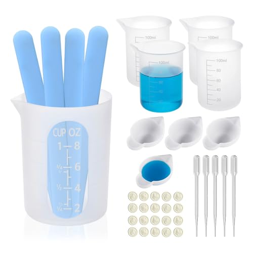 HMCEY Tasse à Mesurer en Silicone Avec Gradué 100/250 ML,Tasse de Mélange Résine,Gobelet Doseur Silicone Measuring Cups,Verre Doseur avec Bâtonnets à Mélanger, Manchons à Doigts, Compte Gouttes