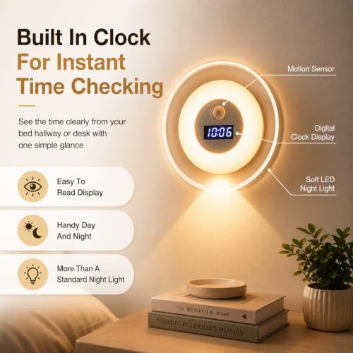 VEZENI Smart LED Clock Night Light with Motion Sensor, Dimmable 3-Color Motion Activated Wall Light, Rechargeable Nightlight with Digital Clock for Hallway, Bathroom, Stair and Bedroom - Image 3