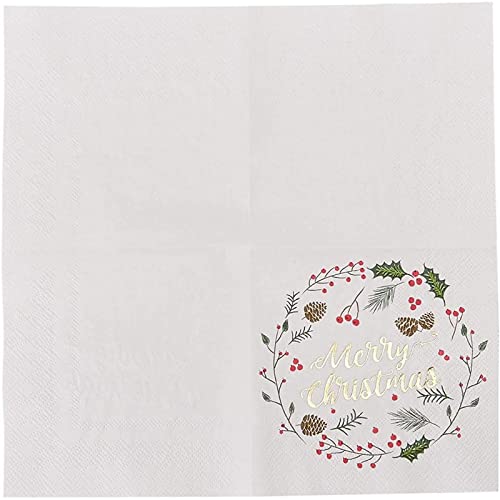 50 Pack Merry Christmas Paper Cocktail Napkins For Holiday Party Supplies, Wreath With Gold Foil Design (5 X 5 In) #TOP3