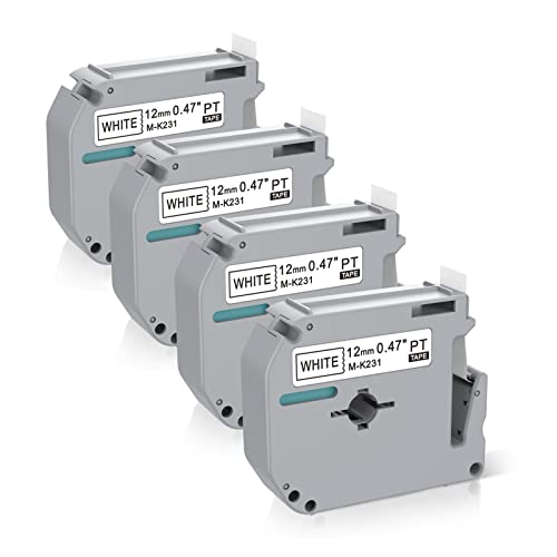 4 x Label Maker Tape Replacement for Brother P Touch M Tape M-K231 M-K231s MK231 MK-231 M231 12mm 0.47 White Compatible with Brother P Touch PT-M95 PT-90 PT-70 PT-65 PT-85 Label Maker Refills 26.2 Ft
