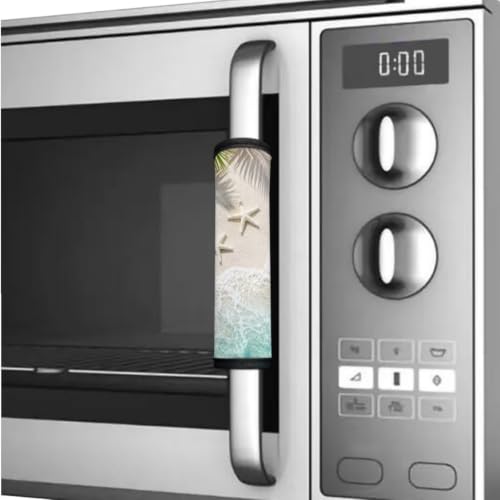 Image of Fridge Door Handle Covers Set of 6 Kitchen Appliance Decor Handles Glove Anti-Slip Protectors Washable Fabric Refrigerator Decor Accessories, Starfish Palm Leaf Beach Pattern