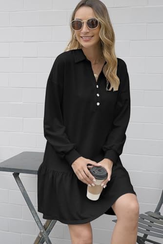 Women's Casual Dresses Long Sleeve Button V Neck Sweatshirt Dress Lapel Collared Pullover Dress3