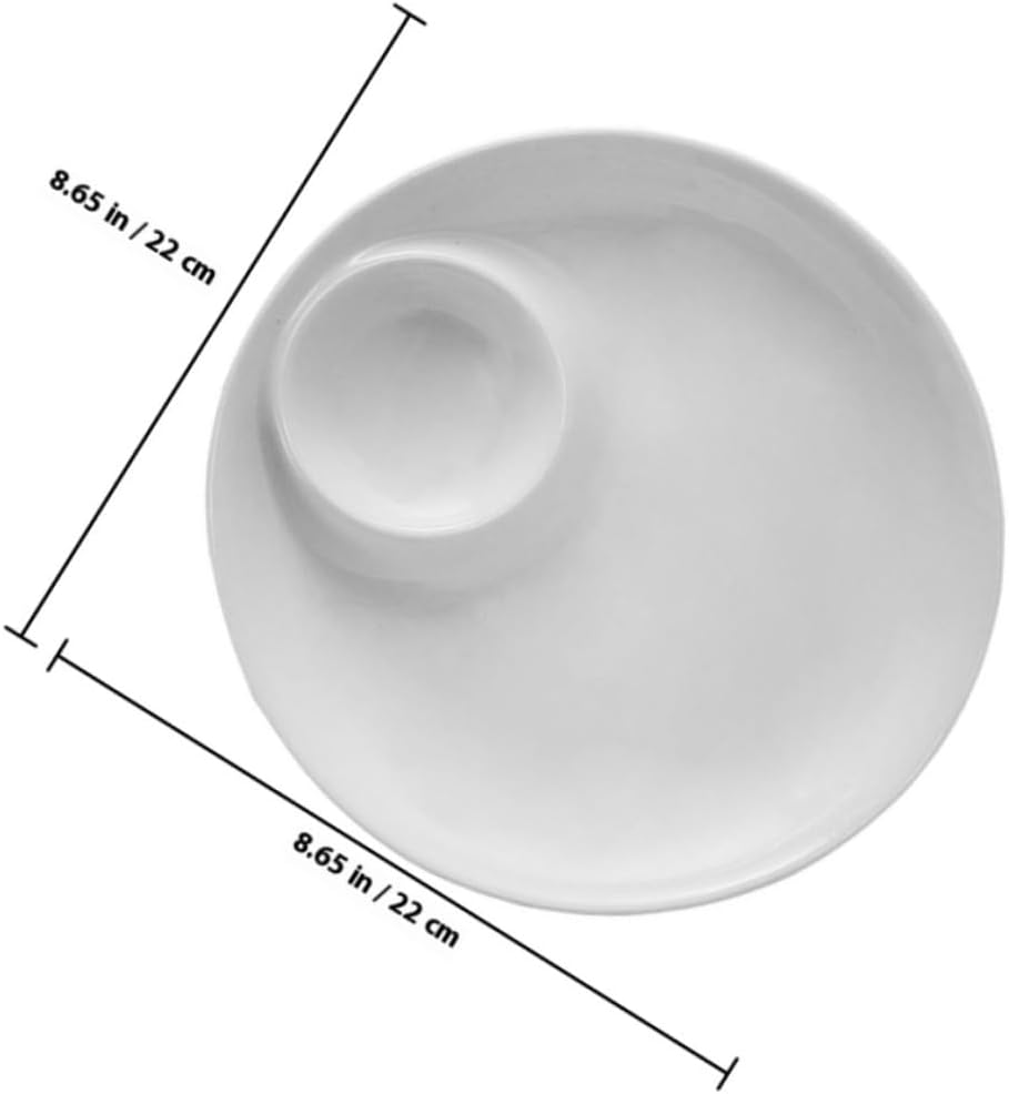 Ceramic Dessert Serving Plate and Side Dish, 9-inch White Porcelain Dish with Sauce Well, European Style Tableware for Home Dining and Restaurant Use