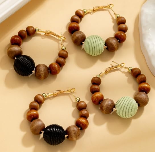 Eco-Friendly Wooden Bead Hoop Earrings - Vintage-Inspired Handcrafted Jewelry for Women, Casual & Special wear image 2