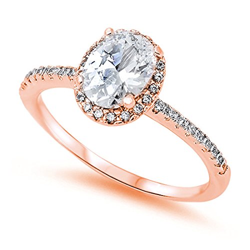 Blue Apple Co. Accent Halo Wedding Promise Ring Oval Cut Cubic Zirconia Round CZ Rose Tone Plated 925 Sterling Silver
