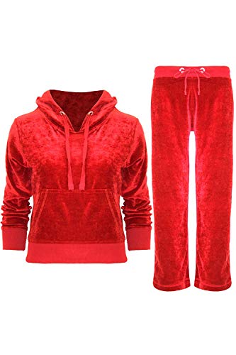 Be Jealous Womens Velvet Hooded Bottom Top Tracksuit Set Velvet Red Plus Size UK 16
