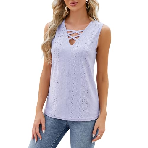 Atxnn Camiseta Sin Mangas Mujer Chaleco Cruzado de Cuello V Tank Tops de Verano Camisa Sexy de Ojales para Viajes de Fiesta, Morado L