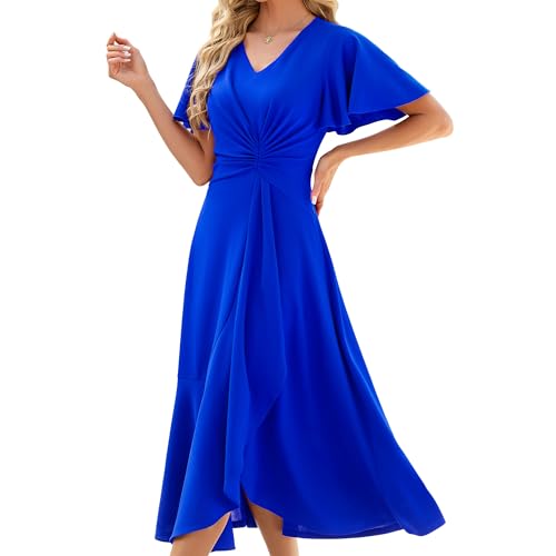 Image of QMZ Wedding Guest Dresses for Women V Neck Cocktail Dress Ruffle Sleeve A Line Evening Party Formal Dresses for Women