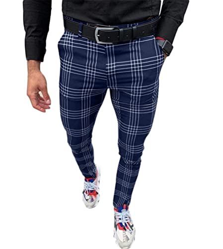 ORANDESIGNE Pantalons de Sport Casual Jogging Été À Carreaux Slim Grande Taille avec Poches Ceinture Élastique Mode Casual Jogger Pant D Bleu Foncé 3XL