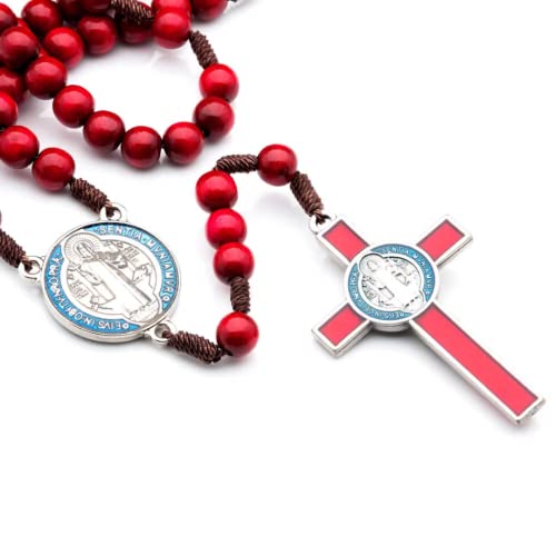 Terço Madeira Vermelho Cordão 10mm Sao Bento Cruz Metal RES COLOR