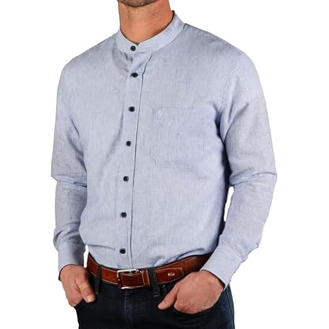 The Celtic Ranch Traditional Irish Grandfather Collarless Shirt, Men’s Linen Cotton Lightweight Long-Sleeve Dress Shirt(Blue Pin Stripe, 2X-Large) Cover
