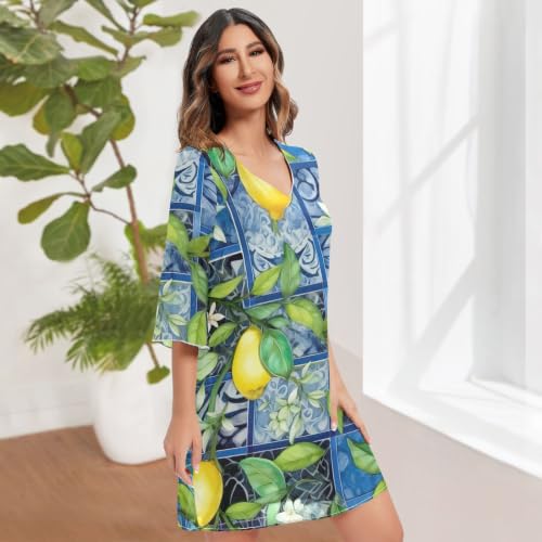 Robe courte bleue imprimé citrons pour vos terrasses d'été - 3