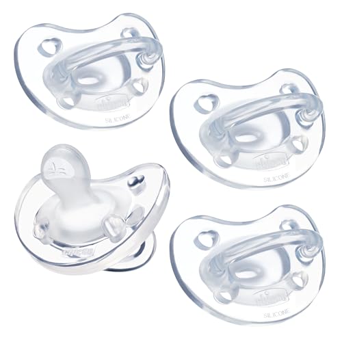 Chicco PhysioForma Silicone Orthodontic Pacifier for Babies 0-6m, One-Piece 100% Soft Silicone, Supports Breathing, Satin-Textured Nipple, Included Sterilizing Case, BPA Free, 4-Pack, Clear