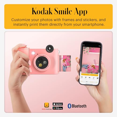 Image of Kodak Smile+ 2-in-1 Digital Instant Print Camera & Photo Printer Gift Bundle + Case + Zink 2x3 Sticky Back Photo Paper 20pk + Album + Sticker Sets + Sticker Frames + Hanging Frames + Markers - Pink