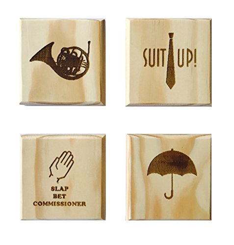 How I Met Your Mother Coasters: (by Brindle Designs): Permanent Engraved Gift Set of 4 Wood Coasters. Umbrella, French Horn, Suit up and Slap Bet!