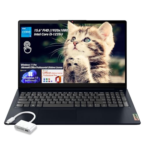 Image of Lenovo IdeaPad 1i Laptop, 15.6 inch FHD (1920x1080) IPS 300nits Anti-Glare Touch, Intel Core i5-1235U, WiFi6, Bluetooth, Win11Pro Office Lifetime License, with USB Hub (40GB RAM, 2TB SSD), W /GaLiMu