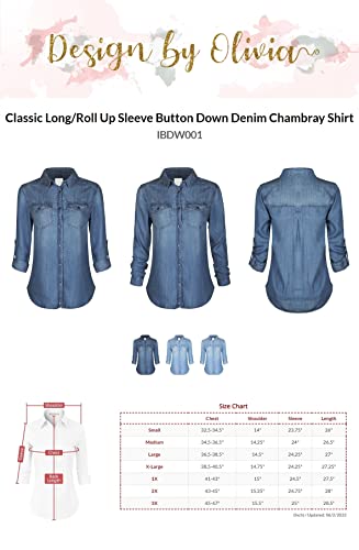 Design by Olivia Women's Classic Long/Roll Up Sleeve Button Down Denim Chambray Shirt Light Denim 1X