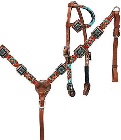 Showman Leather Headstall & Breast Collar Set w/Teal Navajo Beaded Design