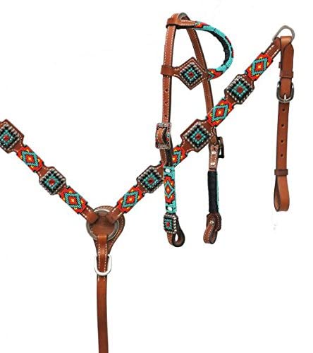 Juego de cabezada y pechera de cuero Showman con cuentas navajo turquesa
