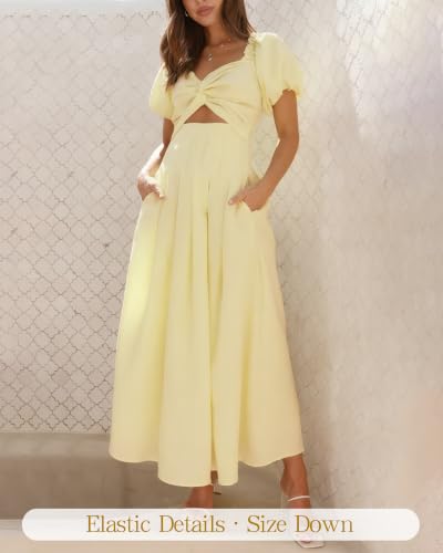 Image of Women's Summer Off The Shoulder Dresses Puff Sleeve Twist Front Cut Out A-Line Dress Casual Maxi Dress with Pockets
