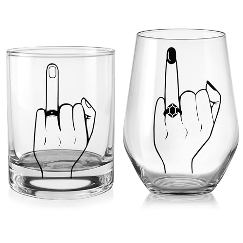 Winter Shore Set Bicchieri da Vino e da Whisky con Anello di Fidanzamento [Confezione da 2] - 450 ml e 550 ml Bicchieri Sposi, Senza BPA - Anniversario e Matrimonio Idee Originali per Marito e Moglie