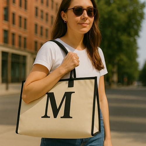 Image of Salt Earth Canvas Tote Bag for Women, Personalized Initial Monogram Tote, Beach Grocery Utility Tote for Travel & Work