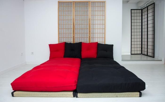 Japanese Floor Futon Set, Foldable Tatami Mattress with 4 Cushions, Red and Black, Dual Configuration, Perfect for Lounging, Reading, or Guest Bed (24x66 Inches Futons and 14 x14 Inches Cushions)