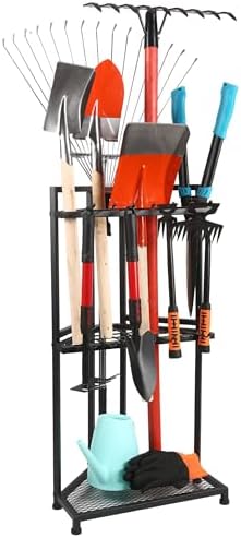 MHHO-WG Gartengeräte Ständer,Pulverbeschichteter Stahl Gartenwerkzeug Organizer,Matt-Schwarz Gartengeräteaufbewahrungsregal mit 20 Schlitzen& 14 Haken,Besenhalter für Garten,Garage