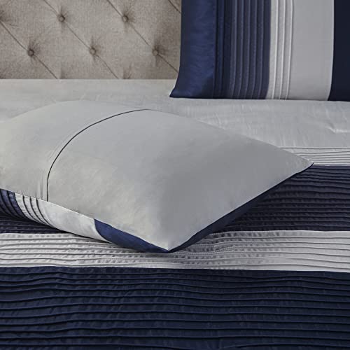 Madison Park Amherst Faux Silk Comforter Set-Casual Contemporary Design All Season Down Alternative Bedding, Matching Shams, Bedskirt, Decorative Pillows, Queen(90"X90"), Navy, 7 Piece (Mp10-2207) #TOP7