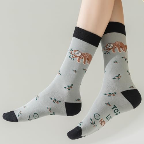 Image of 5 Pairs Cute Animal Crew Socks Fun Casual Cotton Calf Socks for Women (US, Alpha, One Size, Regular, Regular, Sloth)
