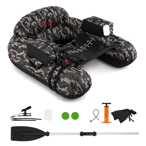 COSTWAY Belly Boot, Belly Boat mit einstellbarem Angelrutenhalter, Fischhakenstator, Pumpe, Aluminium-Paddel & Flossen, Angelboot für Erwachsene (Tarnfarben)