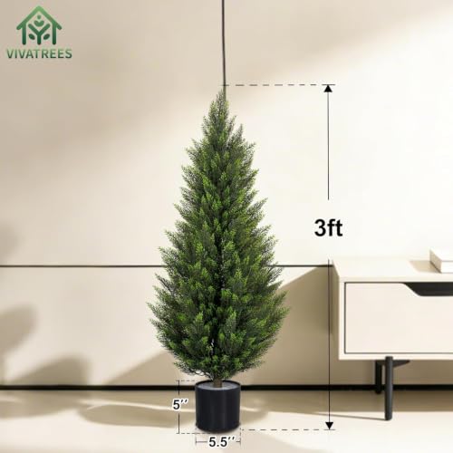 Image of VIVATREES 2Pack 3FT Artificial Cedar Trees in Pots, UV Resistant Faux Evergreen Plants for Indoor Outdoor Decoration, Modern Porch & Entryway Greenery