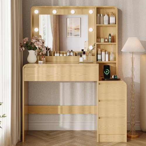 TOKSOM Vanity Table with Drawer Dresser, 39.3”Farmhouse Vanity Makeup Desk with Charging Station, Vanity Desk with Lights Mirror & 5 Drawers for Makeup, Vanity Desk with Multi Storage Shelves Natural — view 6