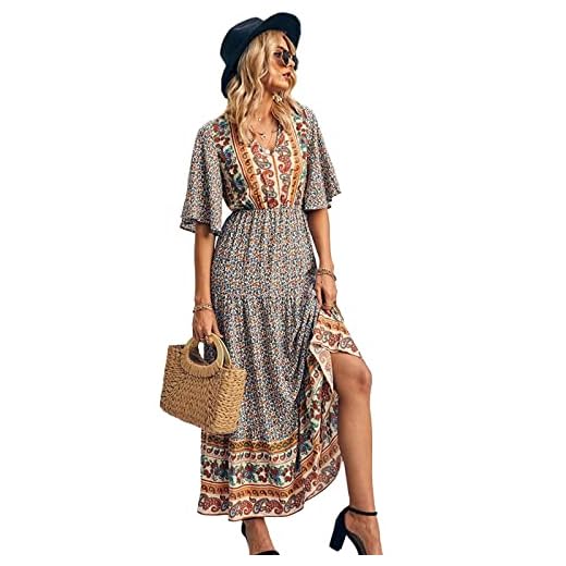 Anna-Kaci Women's V Neck Bohemian Casual Short Sleeve Floral Print Maxi Dress Beach Flowy Long Dress, Beige, X-Large