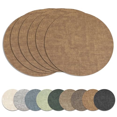 13" Round Placemats Set of 6, Reversible Faux Leather Wipeable Table Mats