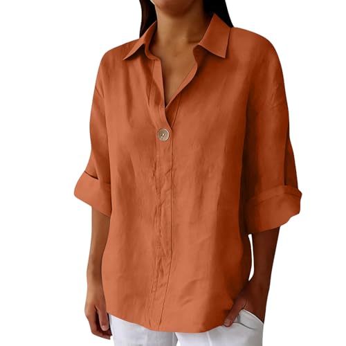 Plus Size Cotton Polo Shirts for Women 2026 Summer Plus Size 3/4 Length Sleeve Tops Dressy Casual Button Down V Neck Boho Blouses Capsule Wardrobe Fashion Outfits Orange XX-Large