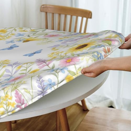 KiuLoam Spring Watercolor Blue Yellow Pink Floral Round Tablecloth Farmhouse Table Cover with Elastic Edge Washable Fitted Table Cloth for Kitchen Patry Outdoor Decor Fits 45"-50", Medium by KiuLoam - Image 5