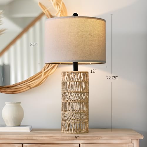 Image of OYEARS 22.5 inch Boho Table Lamps Set of 2 for Living Room, Bedside Lamp for Nightstands, Rattan Lamp for Bedroom, Farmhouse Table Lamp for Room Decor, End Table, Retro, Brown(Not Include Bulbs)