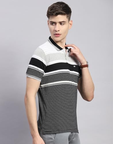 Image of Monte Carlo Mens Striped Cotton Blend Polo Collar Half Sleeve Regular Fit Casual T-Shirt (224064130)
