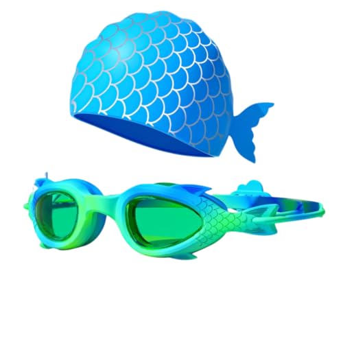 Image of First Lens Kids Swimming Goggle Mermaid Designed with Fish Tail Cap for Boys & Girls | AntiFog | UV Protection | Durable | Age 3 to 8 - Blue-Light-Green - SW38