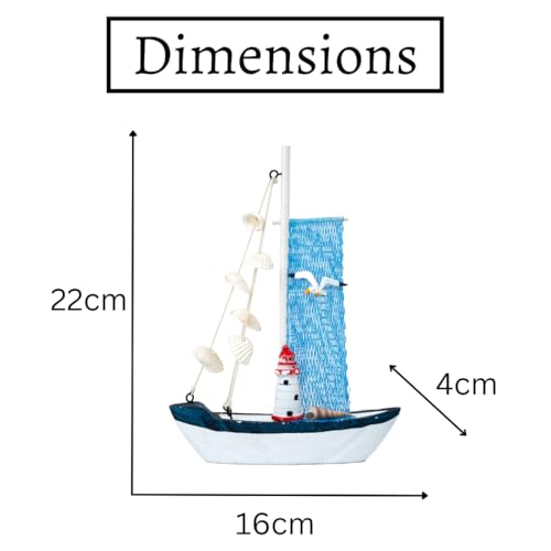 Image of Decorative Sailboat Nautical Model Showpiece | Wooden Miniature Sailing Boat for Home Decor, Living Room, Office & Table Desk Decoration | Light Blue Border-Net Cloth (15x4x22 cm)
