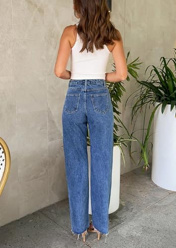 cffvdiz Women's Baggy Y2K Pearl Beaded Straight Leg Jeans Cross Waist Raw Edges Vintage Trendy Boyfriend Denim Pants4