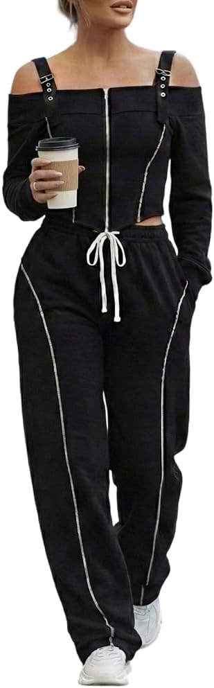 CHICME Two Pieces Sets for Women Spring Cold Shoulder Long Sleeve Tops Wide Leg Pants Matching Lounge Sets Airport Outfit