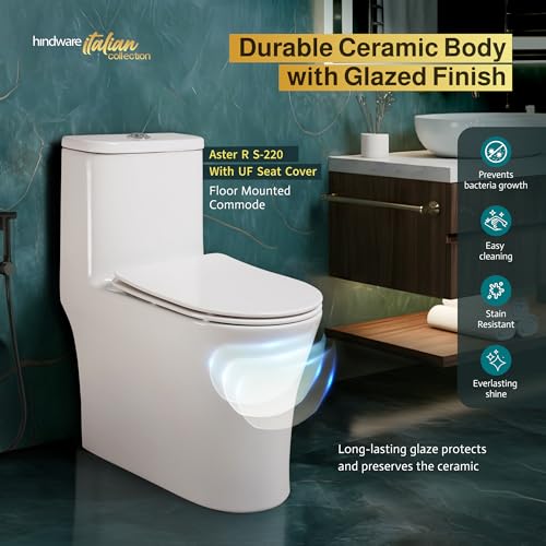Image of Hindware Italian Collection Aster R One-piece EWC for Bathroom | S-220 Trap | Made of Ceramic | 10-year Warranty | Tornado Flushing | Duroplast Seat Cover | Soft Close