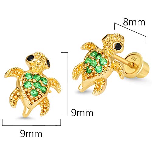 14K Gold Plated Brass Turtle Cubic Zirconia Screwback Baby Girls Earrings With Sterling Silver Post #TOP1