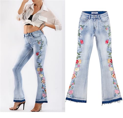 Andongnywell Women's Embroidered High Waist Skinny Fit Cropped Denim Pants Slim Fit Embroidery Jeans Trousers2