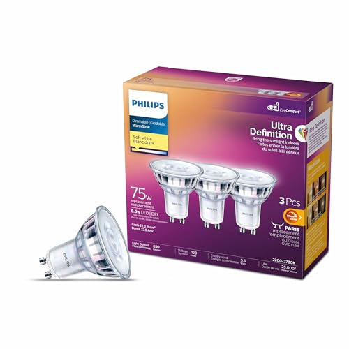 PHILIPS Ultra Definition GU10 LED Light Bulbs - 75W Equivalent - Dimmable with EyeComfort Technology - 2700K Soft White Warm Glow (3-Pack) by Philips - Used condition - CA$19.13