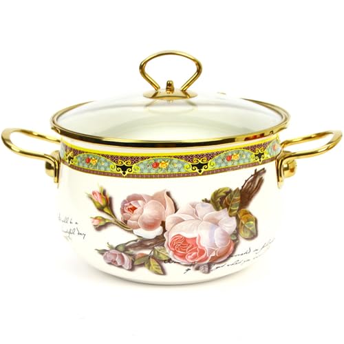 Olla de cerámica, cacerolas, olla esmaltada con tapa vidrio, cacerola antiadherente asa, acero inoxidable diseño floral vintage